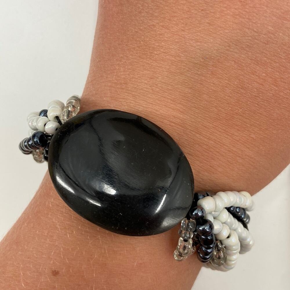 Black and white beaded multi strand stretchy bracelet